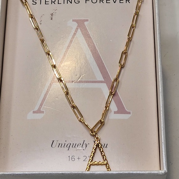 Sterling Forever 14K Gold Plate Initial A Pendant Chain Link Necklace Textured - Picture 2 of 6